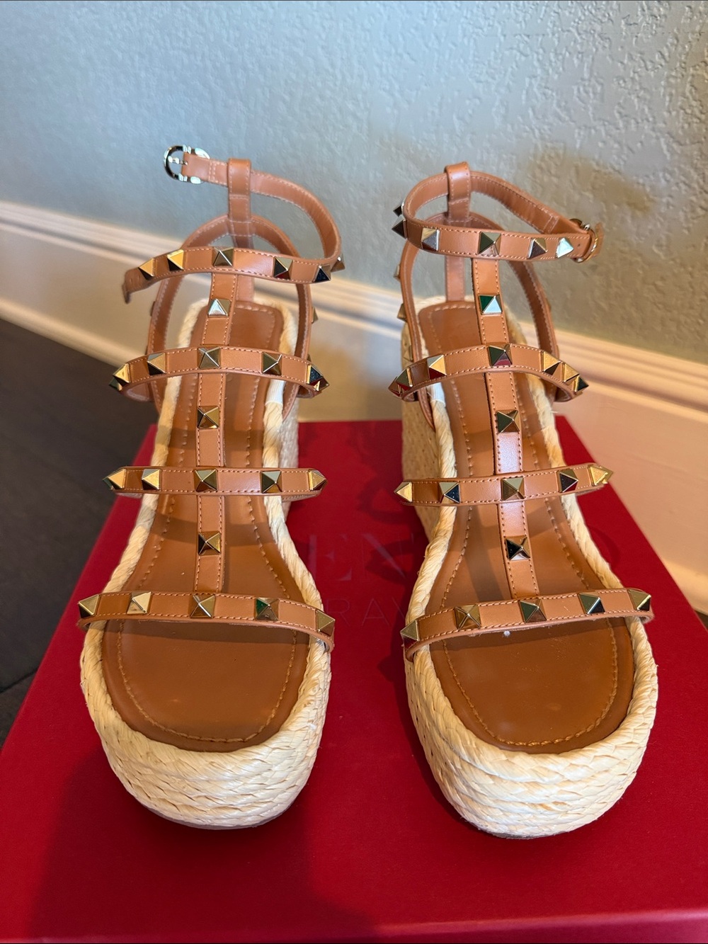 Valentino Garavani Rockstud Espadrille Wedge Sandals in Almond - Picture 2 of 10